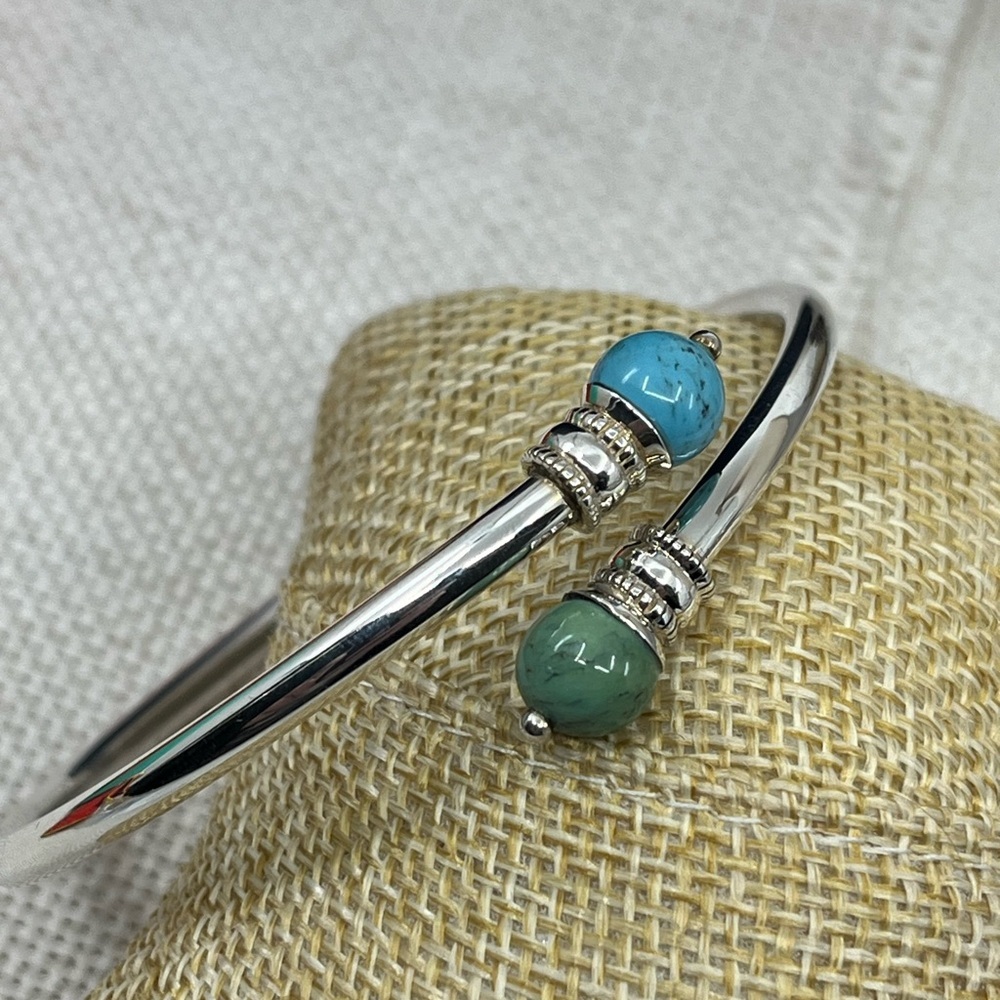 Vintage 925 Sterling Silver Front-Open Torque Bracelet - Turquoise - Picture 7 of 17